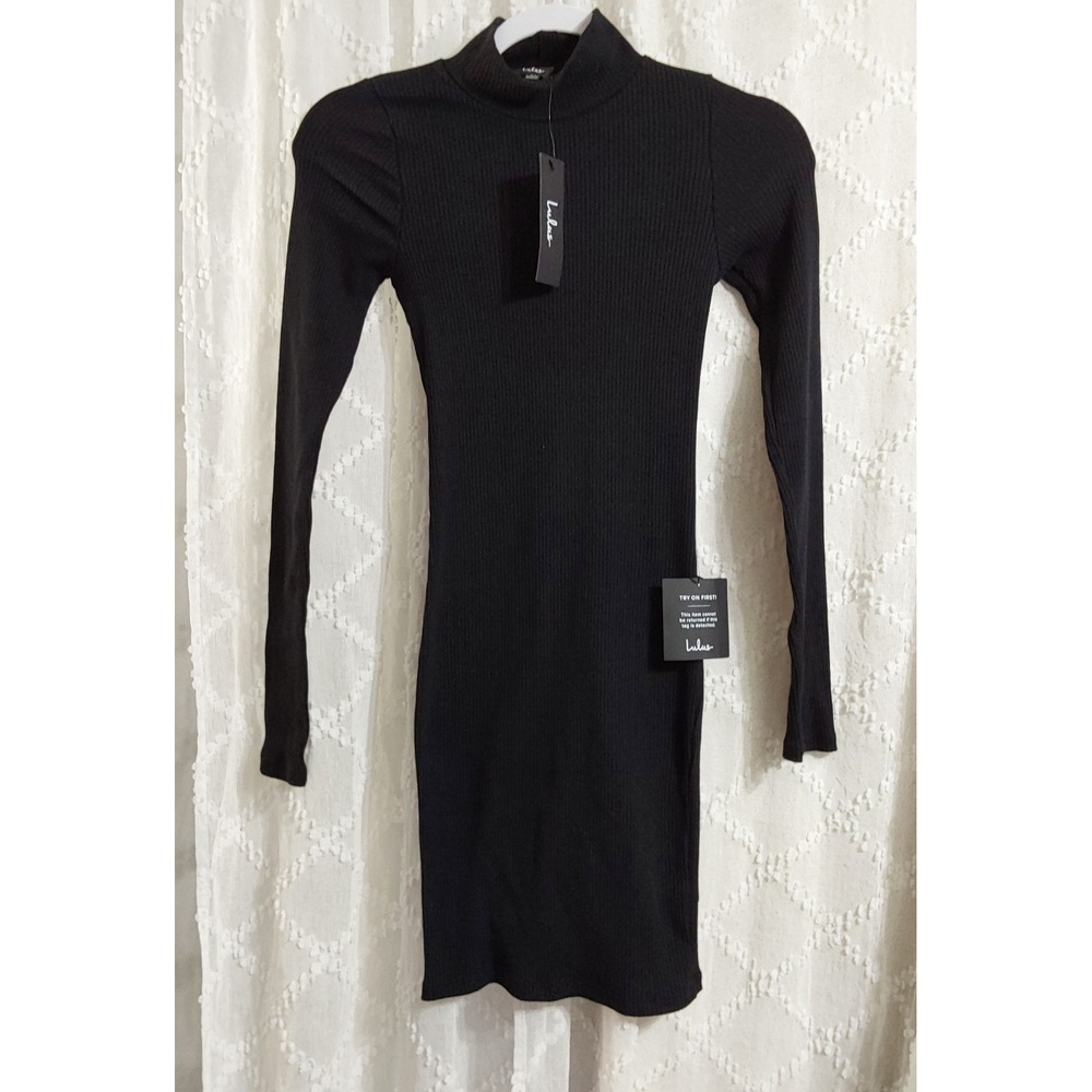 Lulus Black Ribbed Mock Neck Long Sleeve Bodycon Mini Dress XS NWT